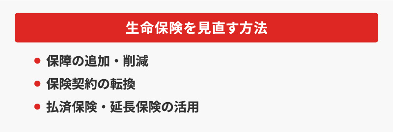 <生命保険を見直す方法>・保障の追加・削減・保険契約の転換・払済保険・延長保険の活用