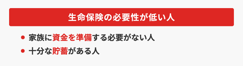 <生命保険の必要性が低い人>・家族に資金を準備する必要がない人・十分な貯蓄がある人