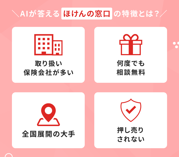 ＼AIが答える ほけんの窓口 の特徴とは？／【取り扱い保険会社が多い】【何度でも相談無料】【全国展開の大手】【押し売りされない】