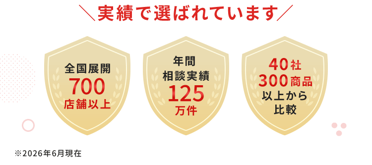 ＼実績で選ばれています／【全国展開700店舗以上】【年間相談実績125万件】【40社300商品以上から比較】※2026年6月現在