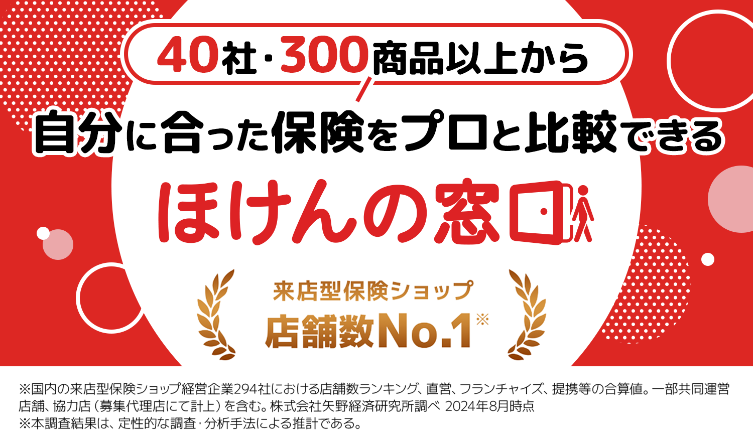 40社300商品以上から自分に合った保険をプロと比較できる　ほけんの窓口 来店型保険ショップ 店舗数No.1 全国650店舗以上